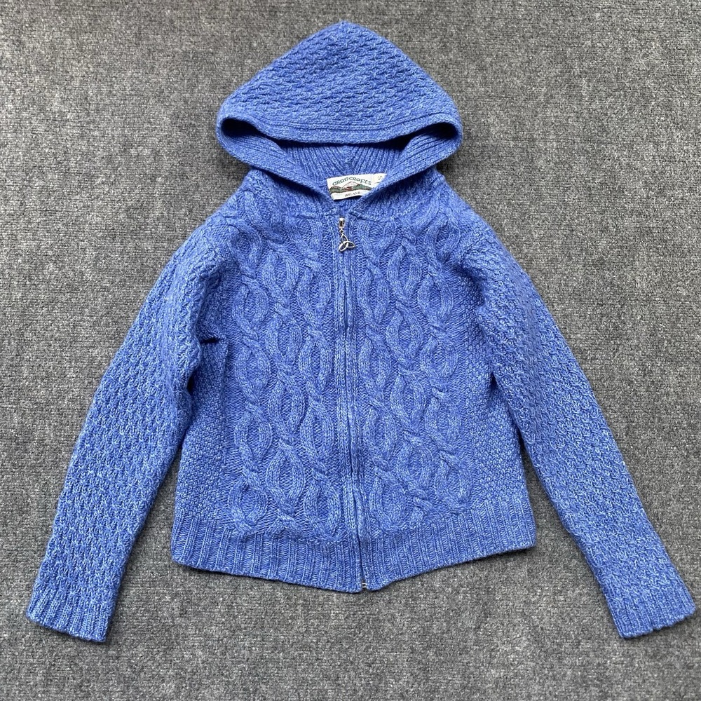 Aran Crafts Cable Knit Wool Hooded Cardigan Sz S Blue Full Zip Made Ireland